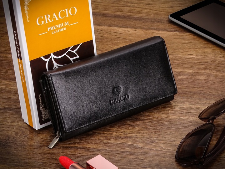 Portfel Damski Czarny Skóra Naturalna Gracio Duży Pojemny PREZENT