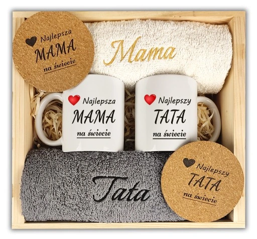 PREZENT NA DZIEŃ MAMY MATKI DLA TATY OJCA ZESTAW KUBEK RĘCZNIKI Z HAFTEM