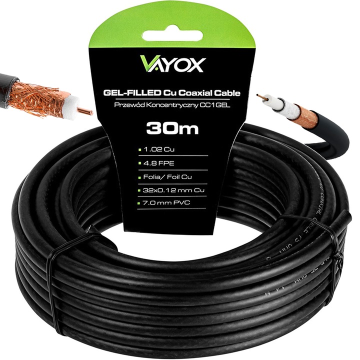 KABEL KONCENTRYCZNY ŻEL PRZEWÓD ANTENOWY CU ZIEMNY MIEDŹ CZARNY VAYOX 30M