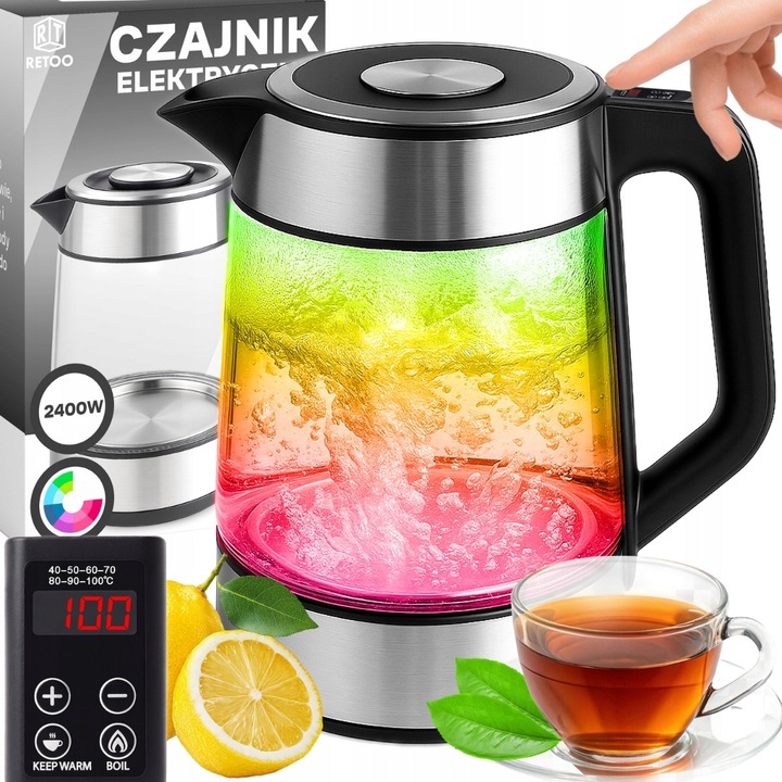 DUŻY CZAJNIK ELEKTRYCZNY 1,7L REGULACJA TEMPERATURY PODŚWIETLANY RGB