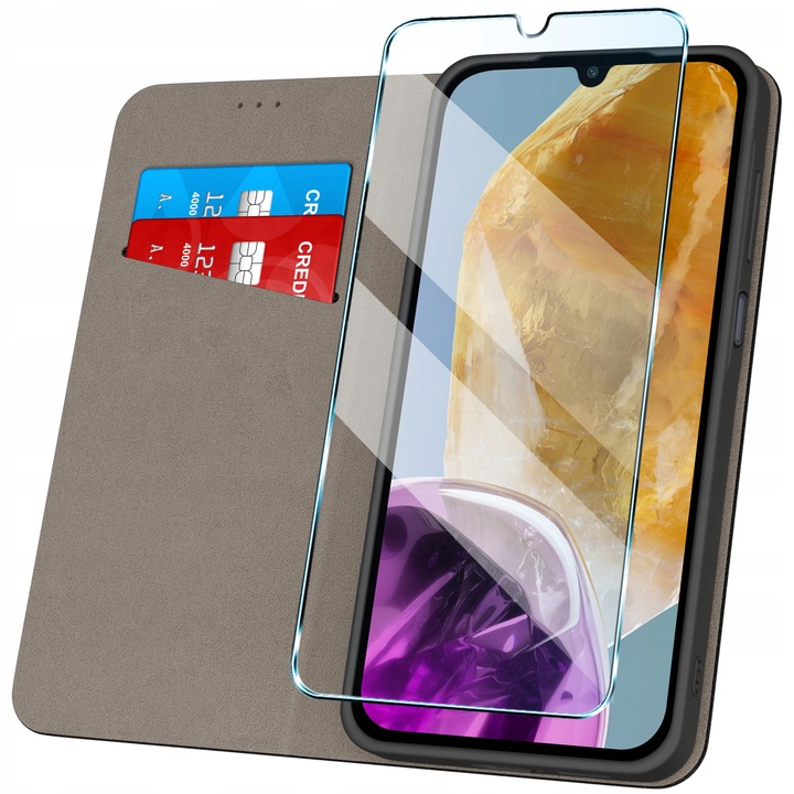 Etui z klapką do Samsung Galaxy M15 5G Zamykane Czarne Futerał +Szkło 9H