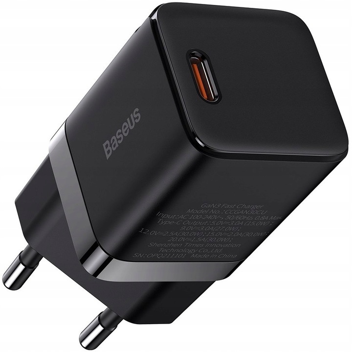 SZYBKA Ładowarka sieciowa zasilacz Baseus GaN3 USB-C typ-C PD 3A 30W