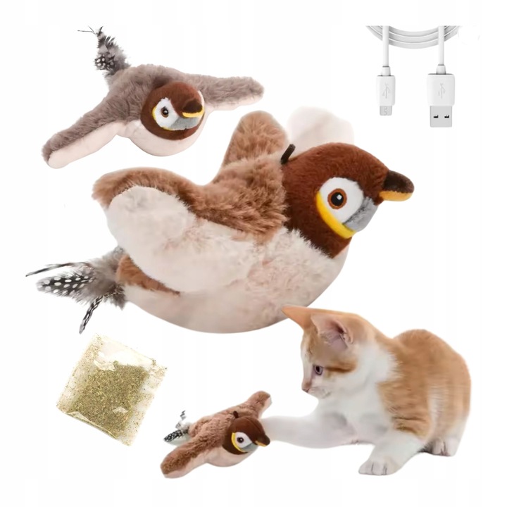 Zabawka dla kota INTERAKTYWNA latający PTAK z dźwiękiem na USB z