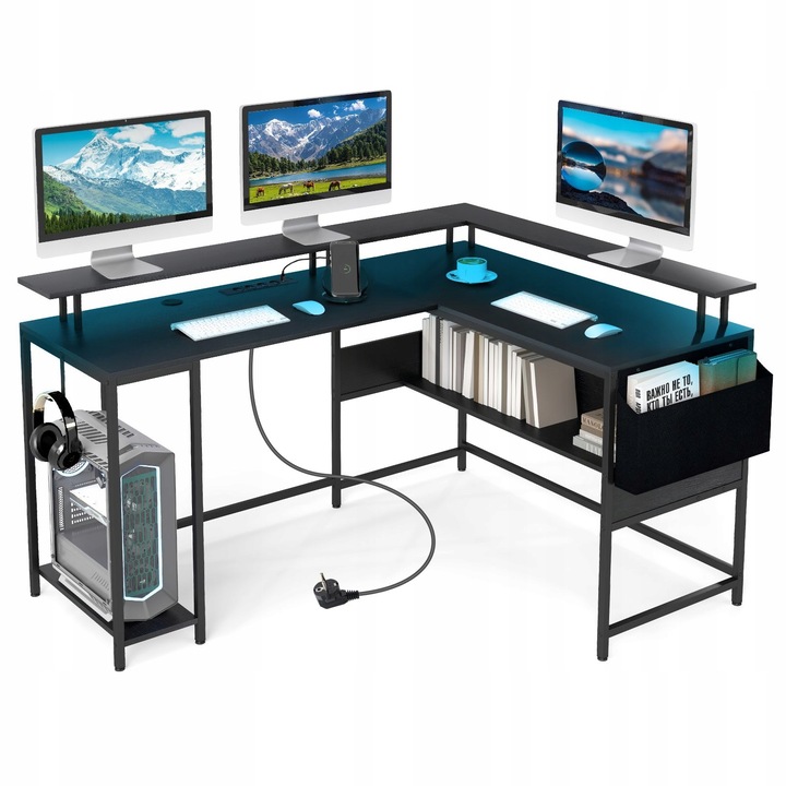 Biurko narożne Biurko gamingowe z oświetleniem LED i z stacją ładującą