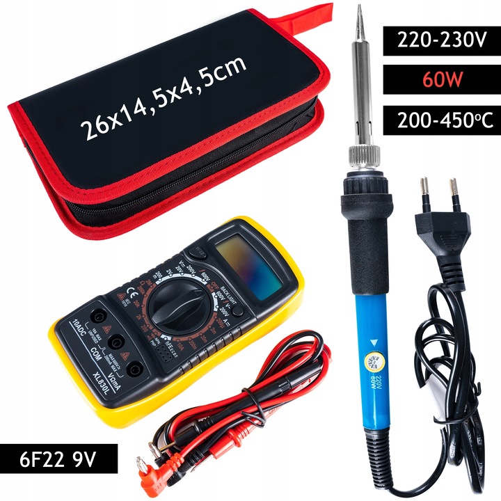 Lutownica Zestaw Narzędzi Do Lutowania 40 Elementów Multimetr Groty Cyna