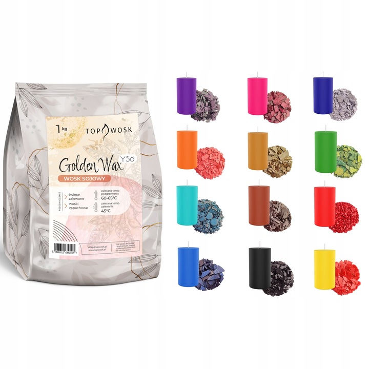 Zestaw do świec Wosk Sojowy Y50 1 kg i 12 szt. barwników do świec