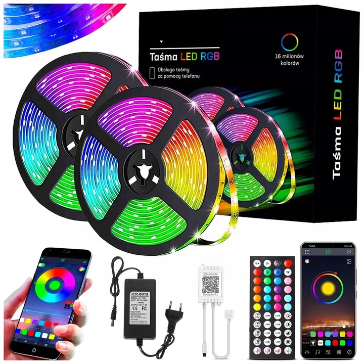 TAŚMA LED RGB KOLOROWA 20M BLUETOOTH STEROWANIE MUZYKĄ APLIKACJA PILOT