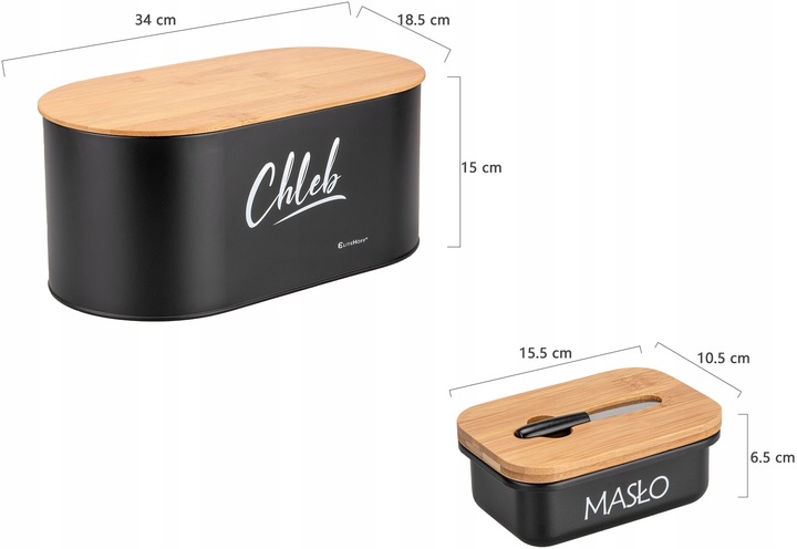 CHLEBAK BAMBUSOWY DREWNIANY CZARNY METALOWY Z MASELNICZKĄ NOŻYKIEM DO