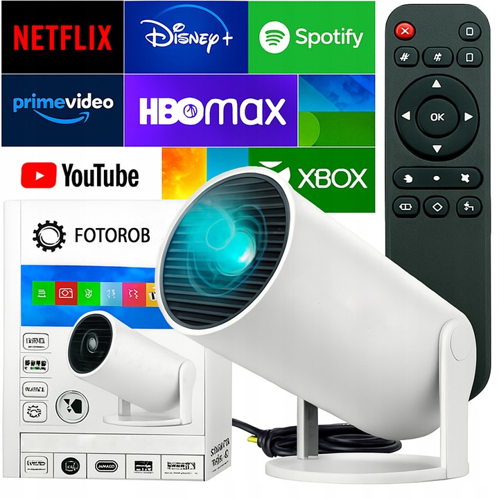 PROJEKTOR RZUTNIK ANDROID TV WIFI FULL HD PRZENOŚNY SMART GŁOŚNIK OBROTOWY