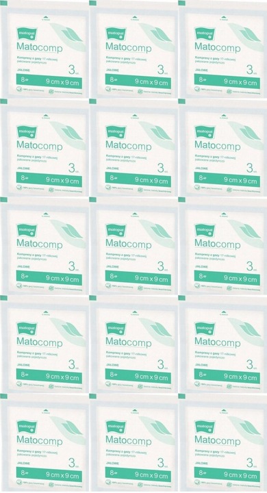 KOMPRESY JAŁOWE Z GAZY 17-NITKOWEJ 9x9cm MATOCOMP 3 szt x 15 OPAKOWAŃ