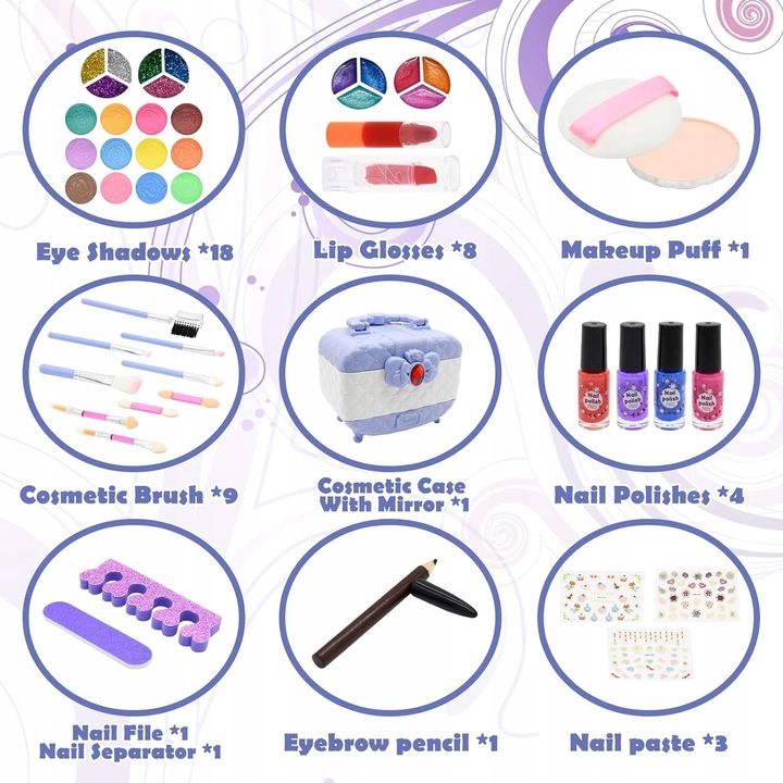 KUFER KOSMETYKÓW DO MAKIJAŻU I PAZNOKCI CIENIE,ZESTAW DLA MAŁEJ KSIĘŻNICZKI