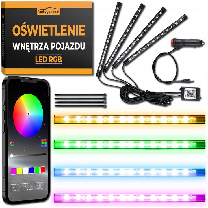 Oświetlenie LED RGB Wnętrza Pojazdu Auta Kabiny Tuning Zestaw Aplikacja