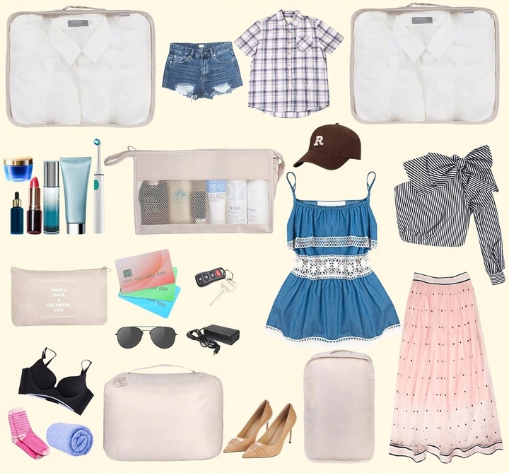 ZESTAW ORGANIZERÓW ORGANIZER PODRÓŻNY WALIZKI SZAFA UBRAŃ KOMPLET 8szt RÓŻ