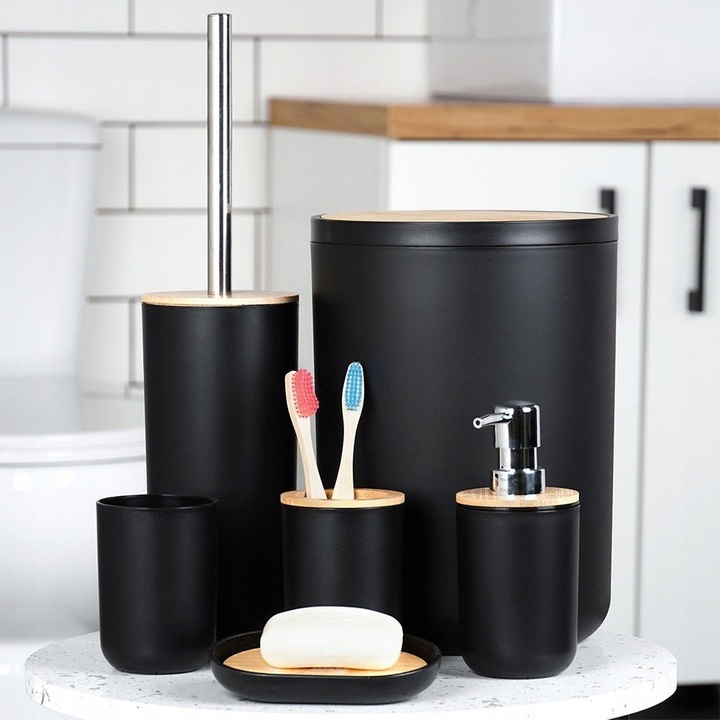 Zestaw ŁAZIENKOWY kubek szczotka WC kosz na śmieci dozownik mydła