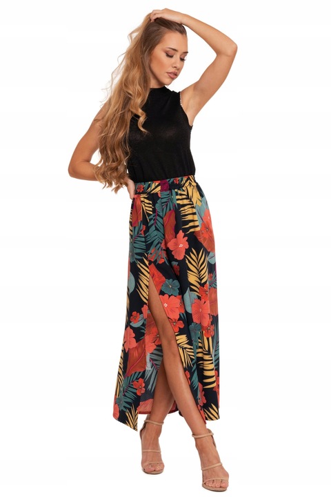Długa SPÓDNICA Damska MAXI z Rozcięciem w Kwiaty Modna Zwiewna MORAJ L