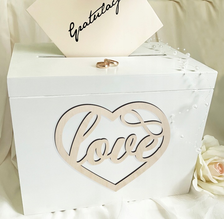 Białe pudełko skrzynka na ślub i wesele komplet zestaw obrączki i koperty