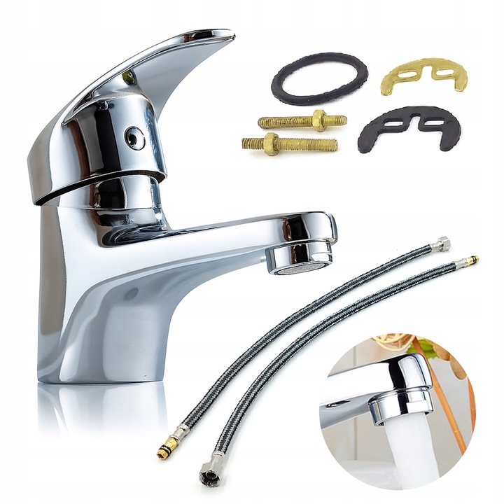 BATERIA UMYWALKOWA STOJĄCA CHROM NISKA KRAN DO UMYWALKI + WĘŻYKI