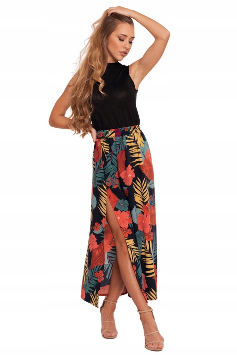 DŁUGA SPÓDNICA DAMSKA MAXI WZÓR KWIATY Z ROZCIĘCIEM ELEGANCKA MORAJ XXL