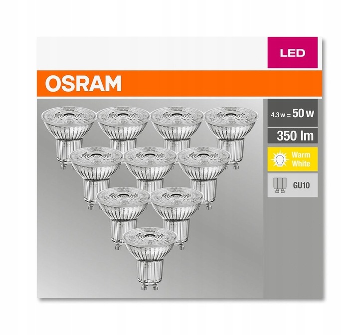 10PAK Żarówka LED GU10 4,3W = 50W 350lm 2700K Ciepła 36° OSRAM