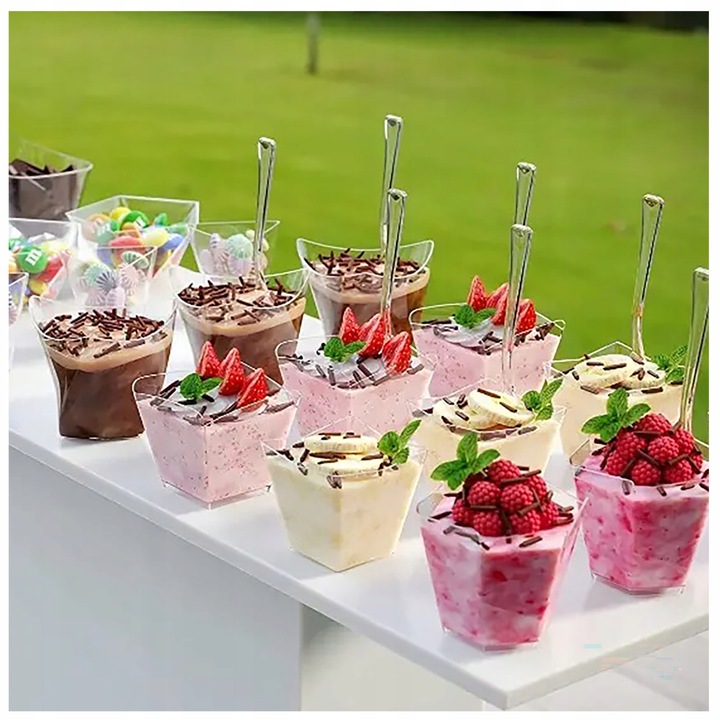 PUCHARKI DO DESERÓW LODÓW PLASTIKOWE NA PRZEKĄSKI DESER 50szt 120ml KWADRAT