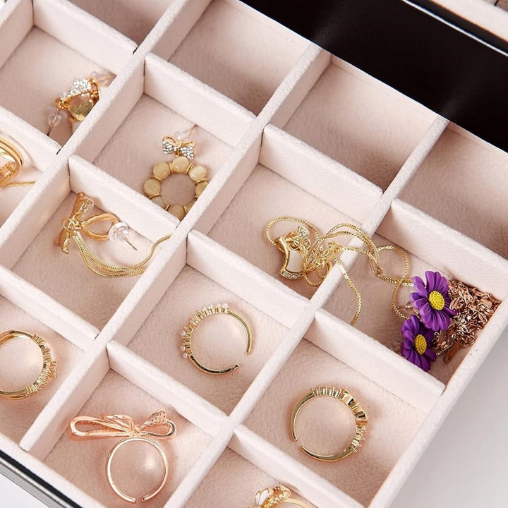 SZKATUŁKA NA BIŻUTERIE Z SZUFLADKAMI CZARNA ORGANIZER TRZY POZIOMY