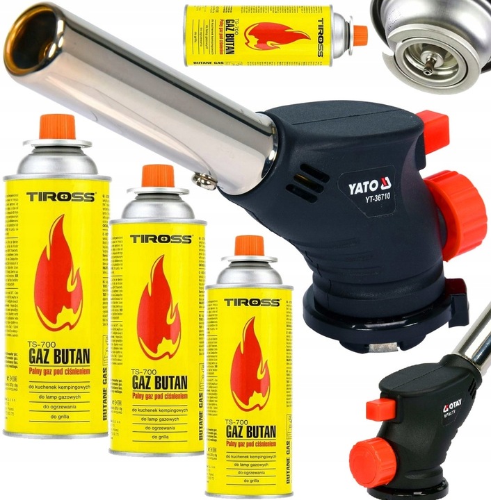 YATO PALNIK GAZOWY PIEZO 360° ZŁĄCZE EN417 + 4 KARTUSZE GAZOWE 400ML