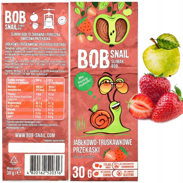 ŚLIMAK BOB SNAIL PRZEKĄSKA bez cukru glutenu 30G MIX SMAKÓW x 8szt 0,24KG
