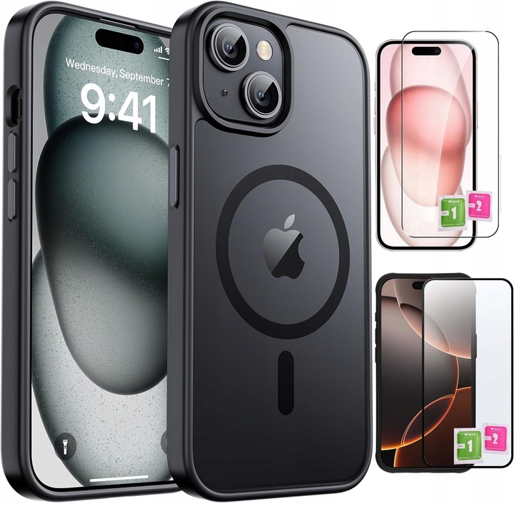 Etui do iPhone 15 do MagSafe MATT CASE WZMACNIANE 360° + 2x Szkło na ekran