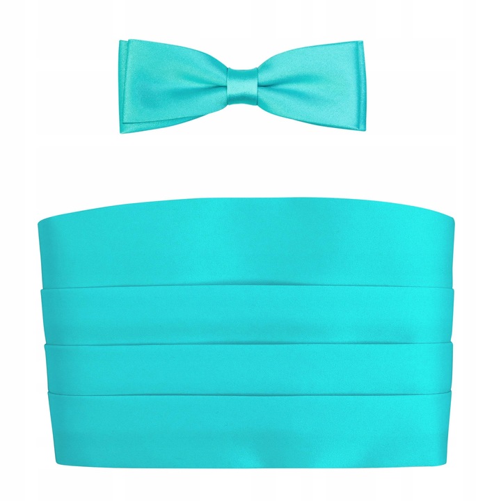 Jasnoturkusowy pas smokingowy z muchą slim i poszetką P2