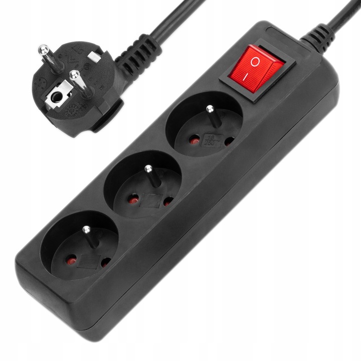 PRZEDŁUŻACZ SIECIOWY LISTWA ZASILAJĄCA WŁĄCZNIK CZARNY GRUBY 3 GNIAZDA