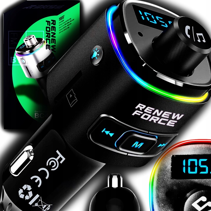 Transmiter bluetooth FM samochodowy SZYBKA ładowarka PD 23W QC3.0 USB-C LED