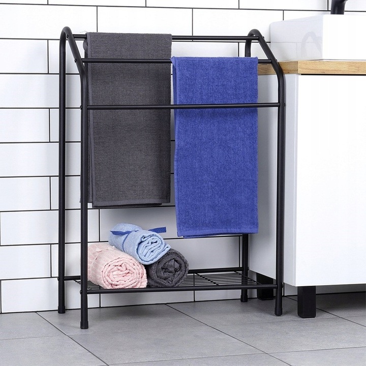 Stojak NA RĘCZNIKI wieszak łazienkowy podłogowy stojący czarny + półka