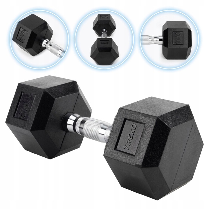 Hantel ogumowany TREXO Hex 10 kg ANTYPOŚLIZGOWOŚĆ HEKSAGONALNE SOLIDNE