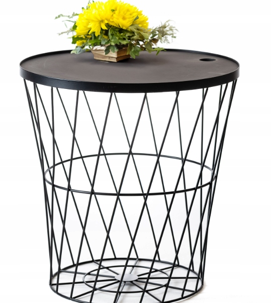 STOLIK KAWOWY METALOWY KOSZ DRUCIANY Z POKRYWĄ OKRĄGŁY CZARNY OZDOBNY