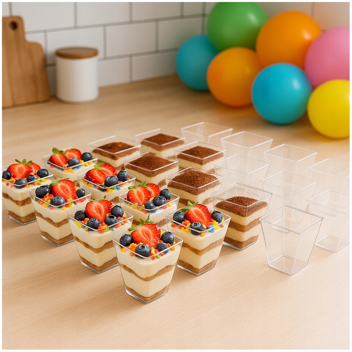 PUCHARKI DO DESERÓW LODÓW PLASTIKOWE NA PRZEKĄSKI DESER 50szt 120ml KWADRAT