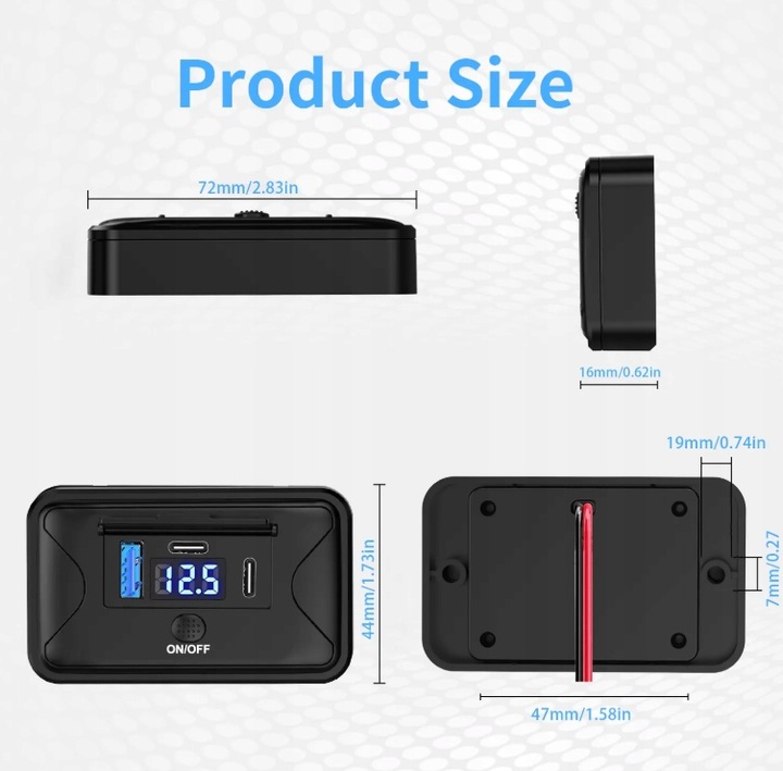 Gniazdo samochodowe montażowe 12V 24V USB 2xPD QC3.0 ON OFF WOLTOMIERZ 90W