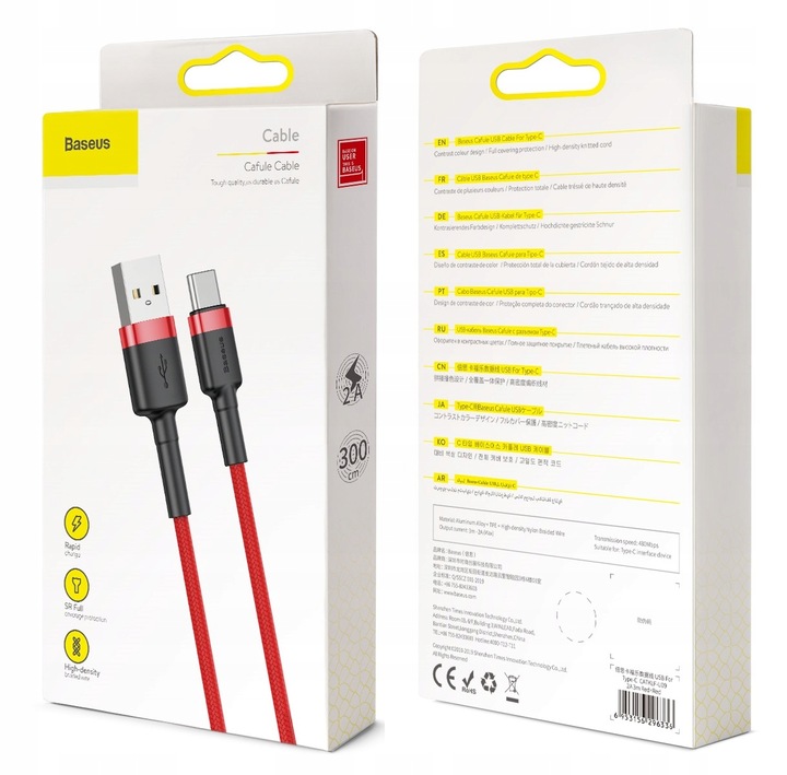 BASEUS MOCNY KABEL USB USB-C TYP-C PRZEWÓD OPLOT QUICK CHARGE 3.0 2A 3M