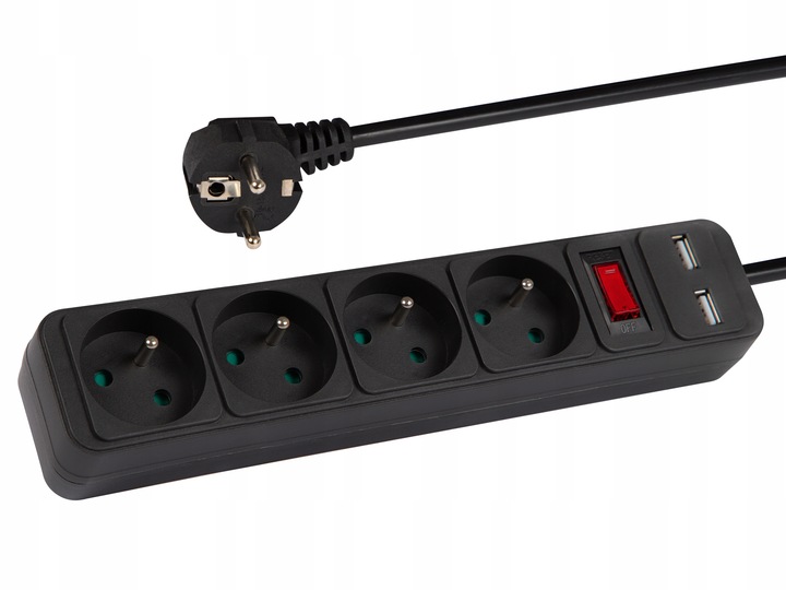 PRZEDŁUŻACZ LISTWA ZASILAJĄCA WŁĄCZNIK GRUBY SZNUR 3M 4 GNIAZDA 2xUSB
