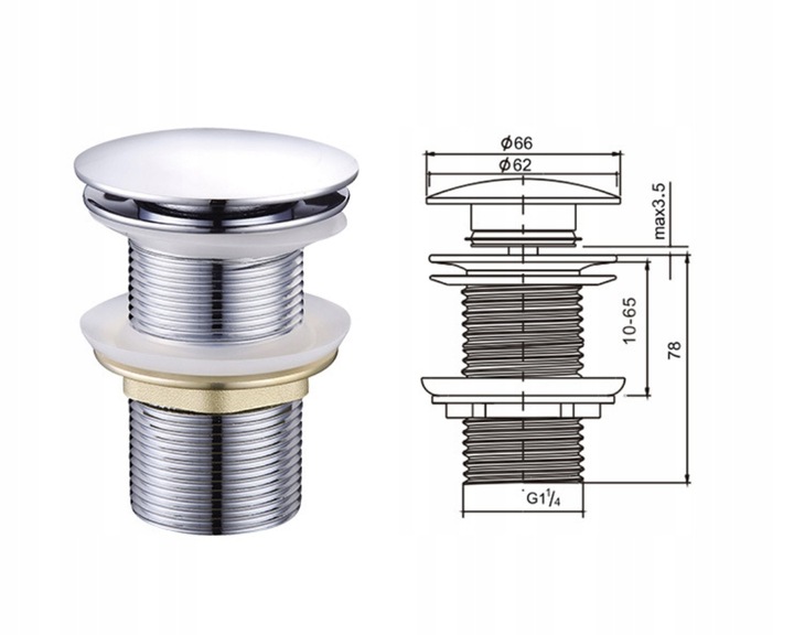 KOREK UMYWALKOWY SREBRNY KLIK-KLAK BEZ PRZELEWU do umywalki chrom połysk