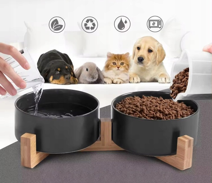 MISKA CERAMICZNA PODWÓJNA DLA PSA I KOTA 2 MISKI DREWNIANA PODSTAWA 2x400ml