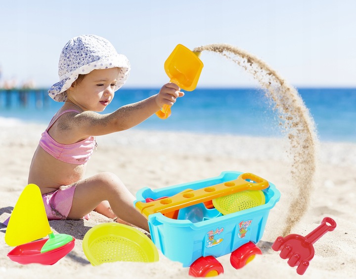 ZESTAW DO ZABAWY W PIASKU PIASKOWNICY WÓZEK TACZKA FOREMKI ŁOPATKI