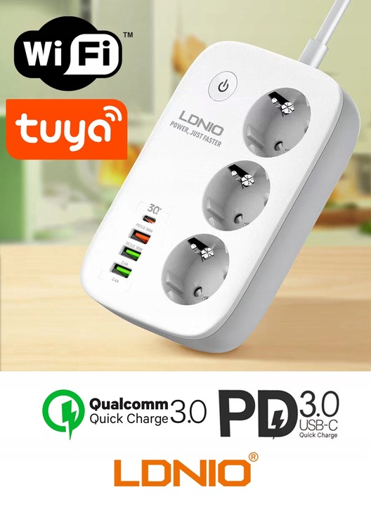 Listwa zasilająca SMART WiFi USB TUYA QC3.0 PD LED