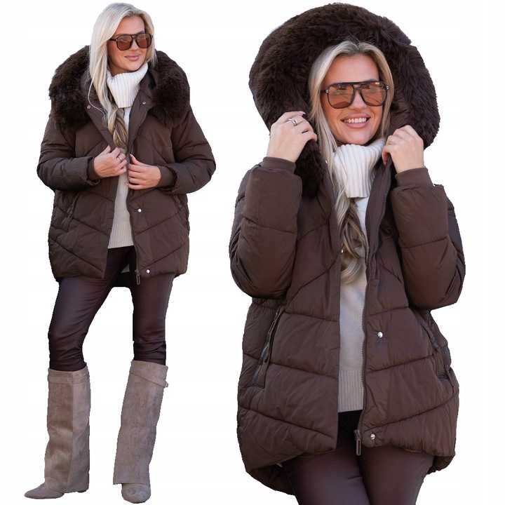 LEXI Klasyczna Luźna KURTKA Damska Pikowana Kaptur Z Futerkiem