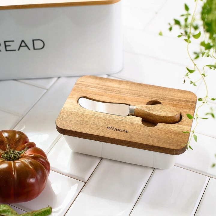 Maselniczka MOOKA porcelanowa z nożykiem i akacjową pokrywką biała