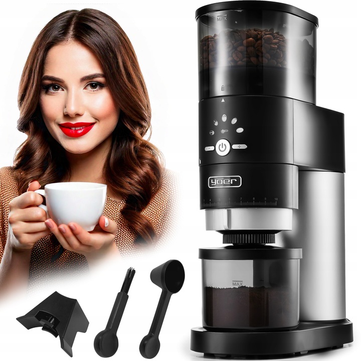 Żarnowy elektryczny młynek kawy Yoer 350W automatyczny +43 Poziomy