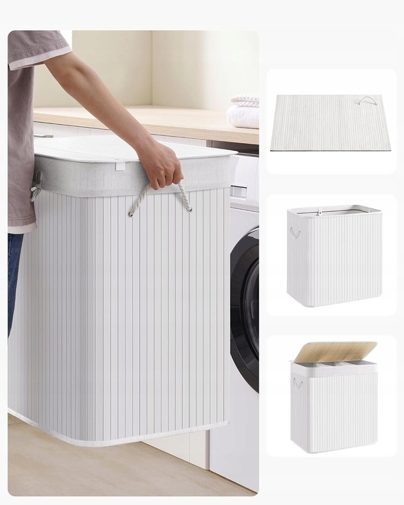 Kosz wolnostojący na pranie na bieliznę 150l biały bambusowy