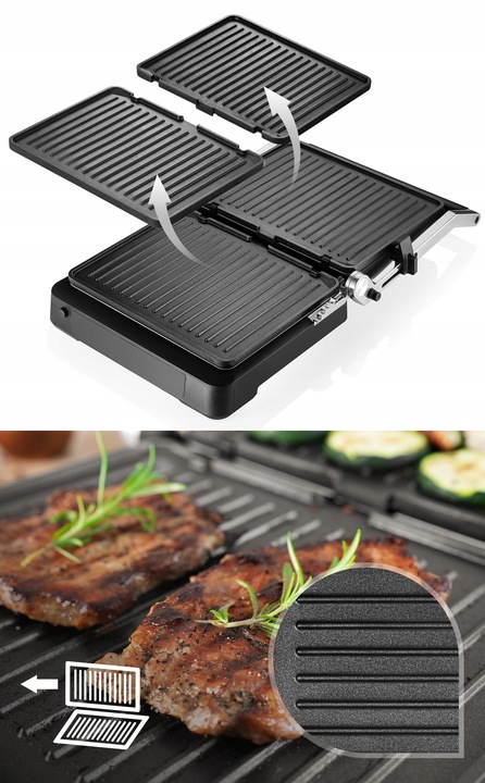 GRILL ELEKTRYCZNY OPIEKACZ ROZKŁADANY 6 PROGRAMÓW 2 TERMOSTATY 2000W