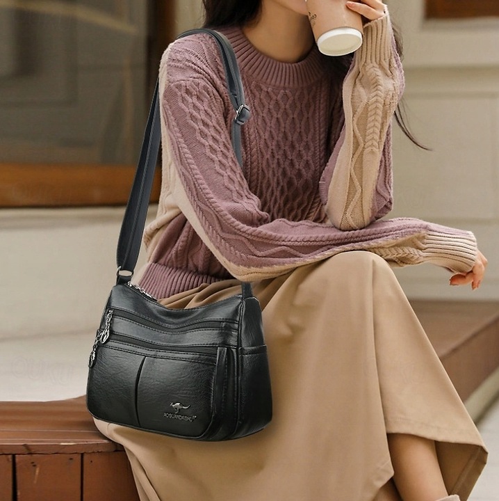 TOREBKA DAMSKA SKÓRZANA NA RAMIĘ TORBA CZARNA POJEMNA MIEJSKA DUŻO