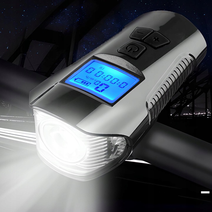 LAMPKA ROWEROWA LED LICZNIK KM PRĘDKOŚCIOMIERZ DZWONEK PRZÓD + TYŁ