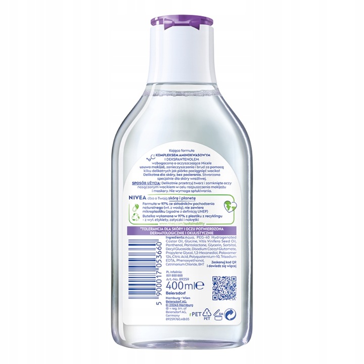 NIVEA Płyn micelarny do demakijażu twarzy oczu ust cera wrażliwa 800ml